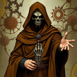 A brown-robed cleric of the god of strangeness, Moander, depicted in a captivating Dungeons and Dragons style illustration