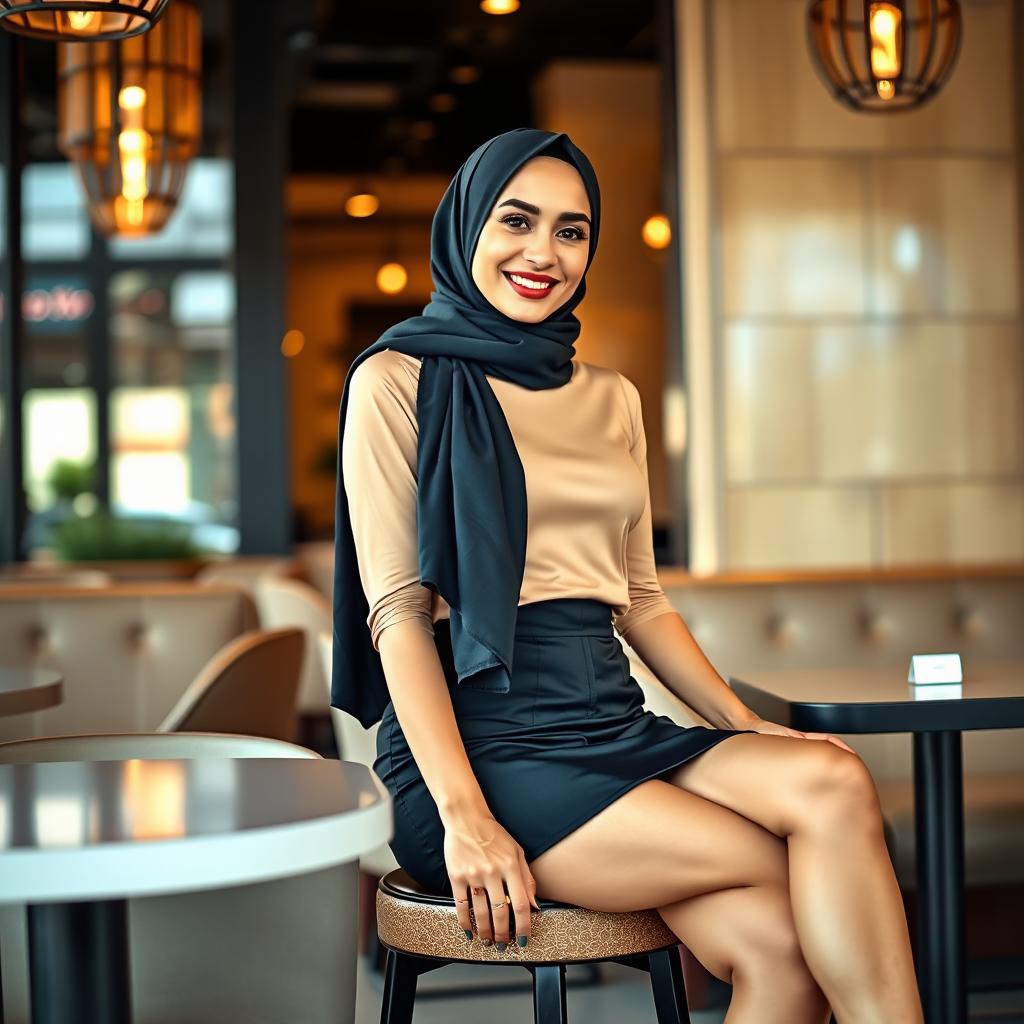 A modern Arab woman in her 30s, slim and stylish, wearing a chic mini skirt and a fashionable hijab that complements her outfit