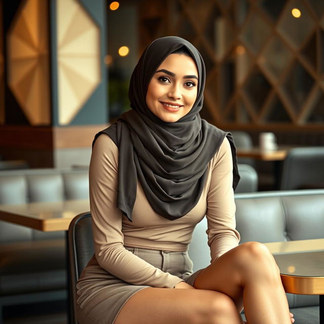 A modern Arab woman in her 30s, slim and stylish, wearing a chic mini skirt and a fashionable hijab that complements her outfit