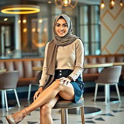 A modern Arab woman in her 30s, slim and stylish, wearing a chic mini skirt and a fashionable hijab that complements her outfit