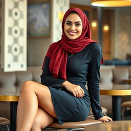 A modern Arab woman in her 30s, slim and stylish, wearing a chic mini skirt and a fashionable hijab that complements her outfit