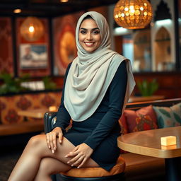 A modern Arab woman in her 30s, slim and stylish, wearing a chic mini skirt layered with a fashionable hijab that elegantly frames her face