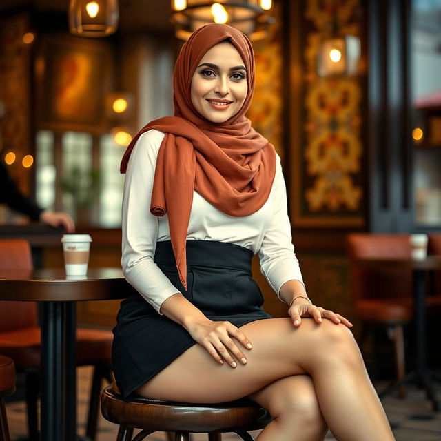 A modern Arab woman in her 30s, slim and stylish, wearing a chic mini skirt layered with a fashionable hijab that elegantly frames her face