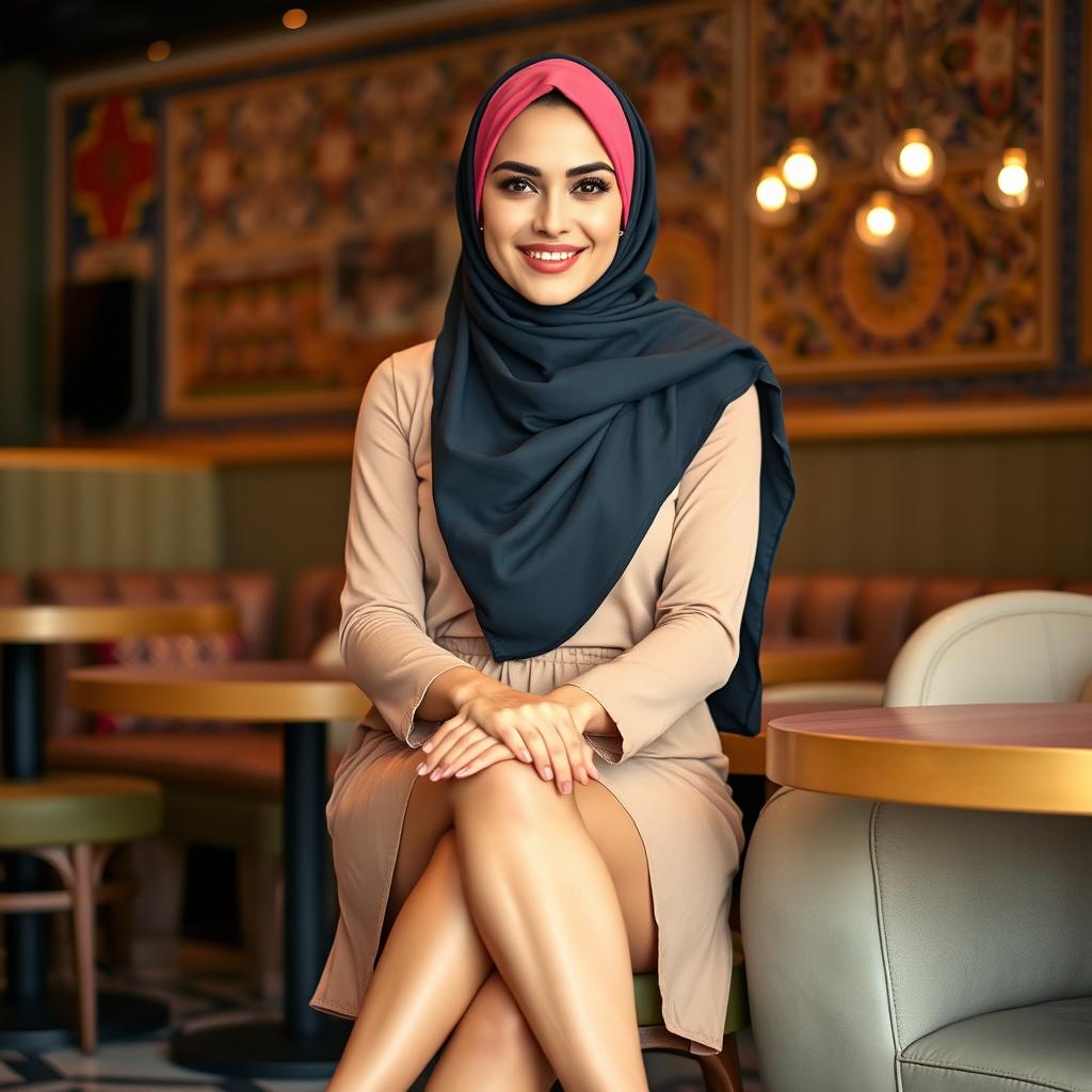 A modern Arab woman in her 30s, slim and stylish, wearing a chic mini skirt layered with a fashionable hijab that elegantly frames her face