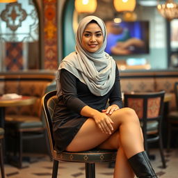 A modern Arab woman in her 30s, slim and stylish, wearing a chic mini skirt layered with a fashionable hijab that elegantly frames her face