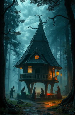 In a mystical forest at the border of three worlds, a whimsical hut on chicken legs stands, home to the enigmatic and powerful Baba Yaga, surrounded by her magical daughters