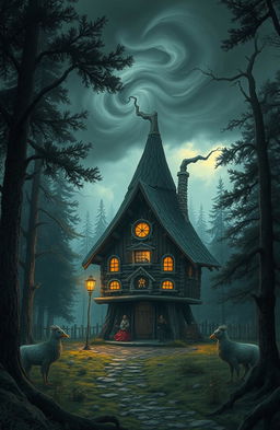 In a mystical forest at the border of three worlds, a whimsical hut on chicken legs stands, home to the enigmatic and powerful Baba Yaga, surrounded by her magical daughters