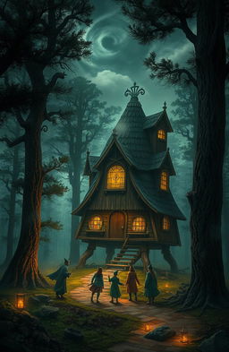 In a mystical forest at the border of three worlds, a whimsical hut on chicken legs stands, home to the enigmatic and powerful Baba Yaga, surrounded by her magical daughters