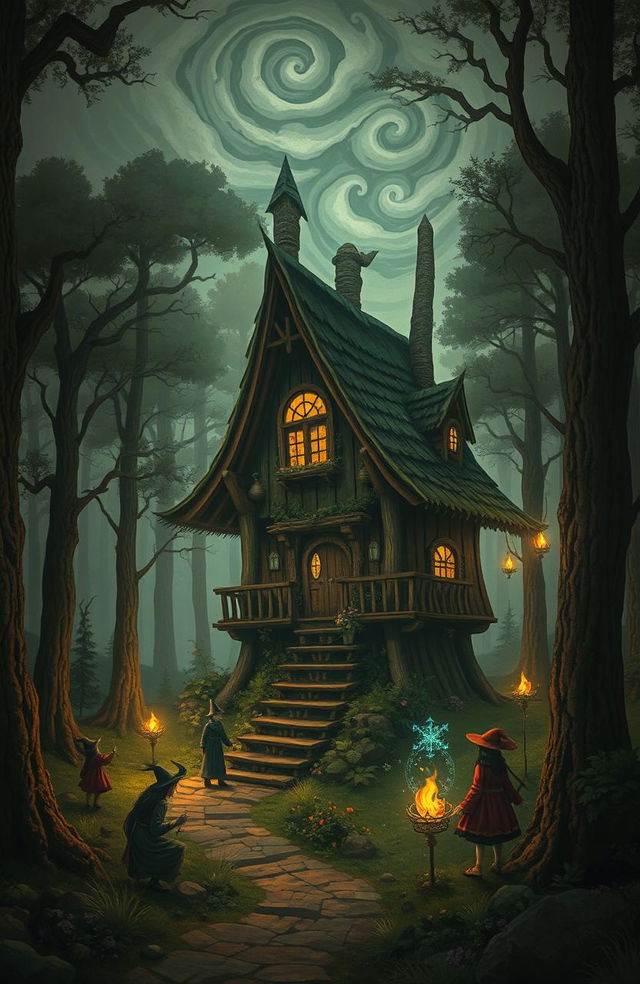 In a mystical forest at the border of three worlds, a whimsical hut on chicken legs stands, home to the enigmatic and powerful Baba Yaga, surrounded by her magical daughters