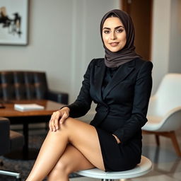 A modern Arab woman in her 30s, slim and fashionable, wearing a tailored formal shirt that perfectly complements her figure and a tight mini skirt that accentuates her style