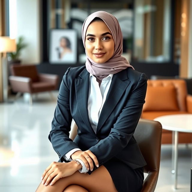 A modern Arab woman in her 30s, slim and fashionable, wearing a tailored formal shirt that perfectly complements her figure and a tight mini skirt that accentuates her style