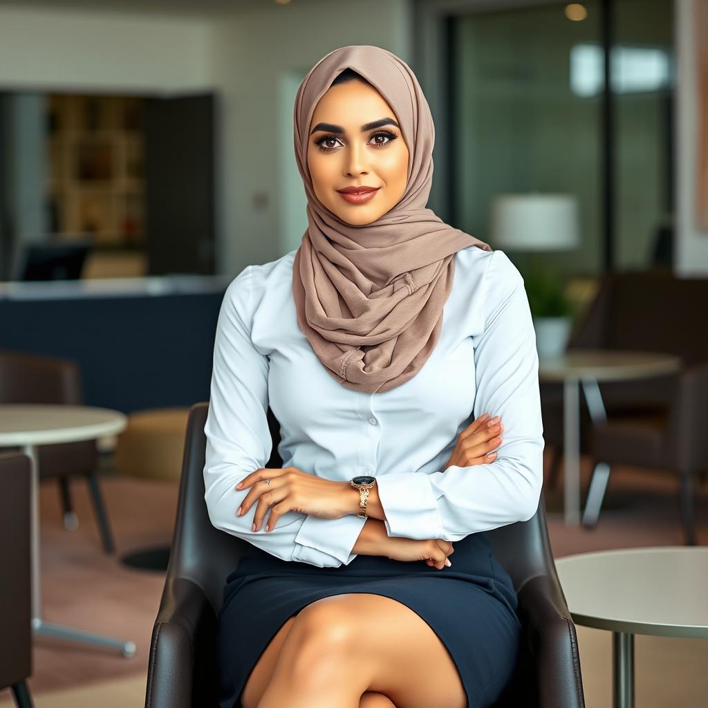 A modern Arab woman in her 30s, slim and fashionable, wearing a tailored formal shirt that perfectly complements her figure and a tight mini skirt that accentuates her style