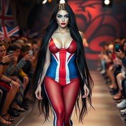 Full length photograph of a stunning 18-year-old woman with pale skin and long black hair, showcasing her beauty and confidence