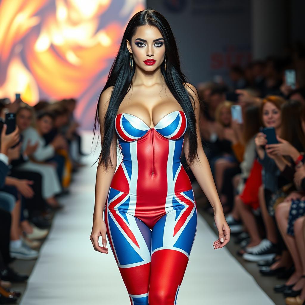 Full length photograph of a stunning 18-year-old woman with pale skin and long black hair