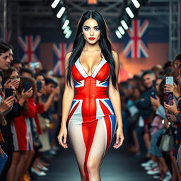 Full length photograph of a stunning 18-year-old woman with pale skin and long black hair