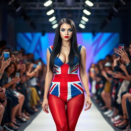 Full length photograph of a stunning 18-year-old woman with pale skin and long black hair