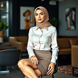 A modern Arab woman in her 30s, slim and fashionable, wearing a tailored formal shirt that enhances her elegant silhouette and a tight mini skirt that showcases her stylish look