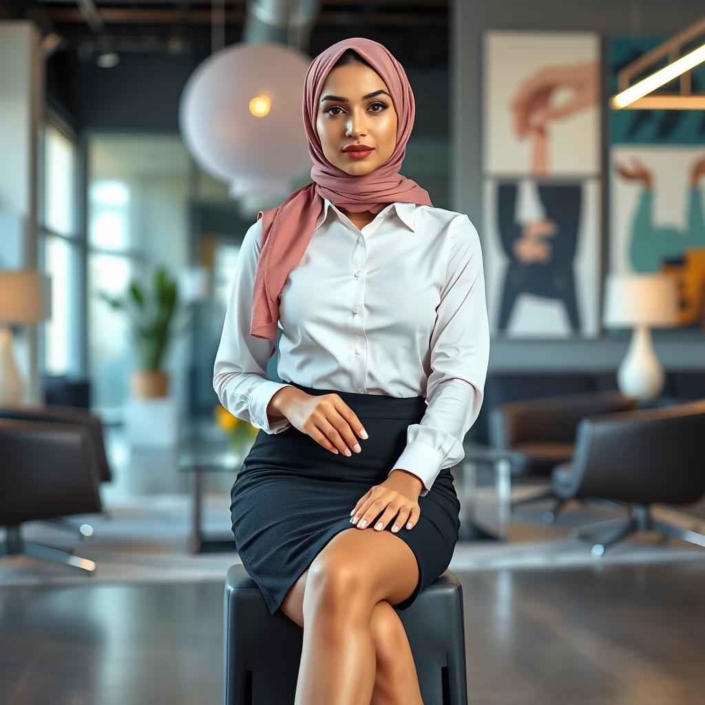 A modern Arab woman in her 30s, slim and fashionable, wearing a tailored formal shirt that enhances her elegant silhouette and a tight mini skirt that showcases her stylish look