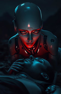 A female robot with sleek, metallic features, has large, expressive eyes that shimmer with sadness, leaning over the lifeless body of a dead man