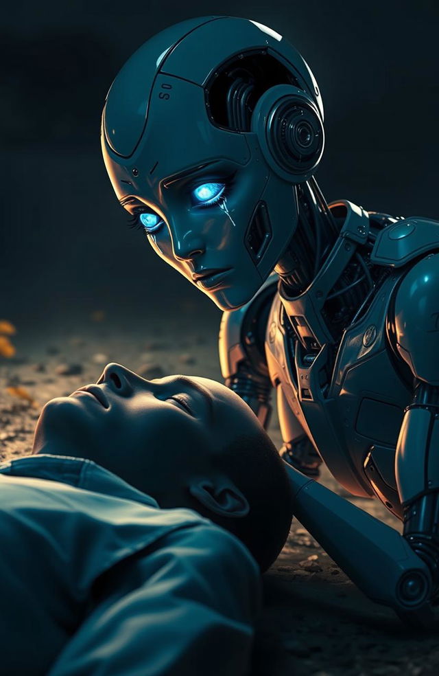 A female robot with sleek, metallic features, has large, expressive eyes that shimmer with sadness, leaning over the lifeless body of a dead man