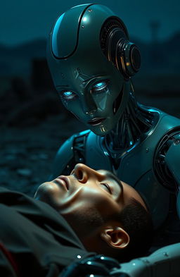 A female robot with sleek, metallic features, has large, expressive eyes that shimmer with sadness, leaning over the lifeless body of a dead man