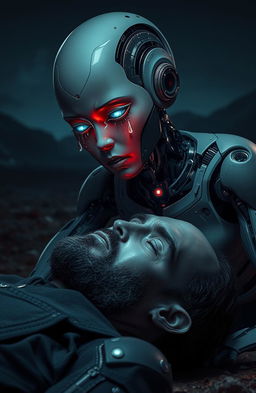 A female robot with sleek, metallic features, has large, expressive eyes that shimmer with sadness, leaning over the lifeless body of a dead man