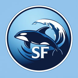 A circular logo featuring an orca whale, elegantly swimming in a stylized wave, with the initials 'SF' artistically integrated into the design