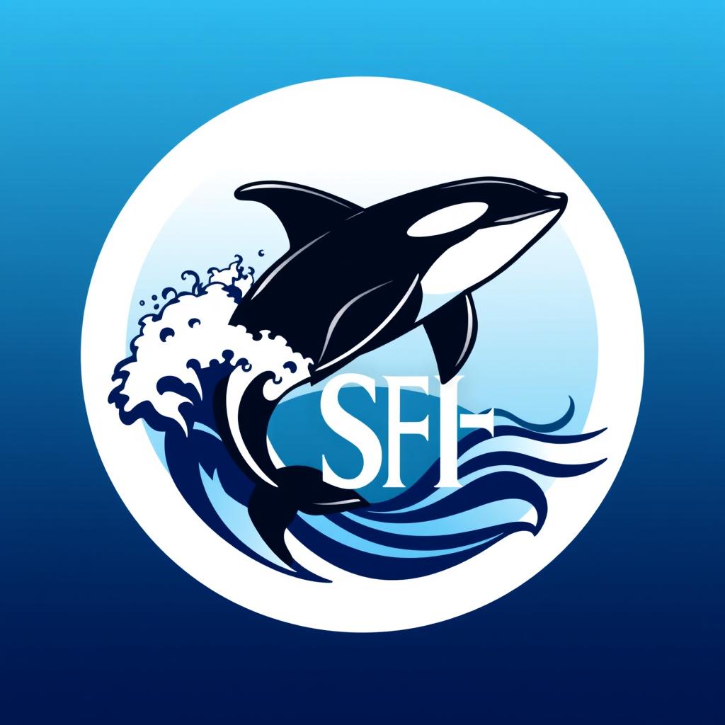 A circular logo featuring an orca whale, elegantly swimming in a stylized wave, with the initials 'SF' artistically integrated into the design