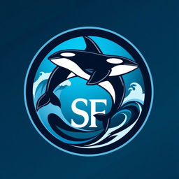 A circular logo featuring an orca whale, elegantly swimming in a stylized wave, with the initials 'SF' artistically integrated into the design
