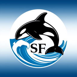 A circular logo featuring an orca whale, elegantly swimming in a stylized wave, with the initials 'SF' artistically integrated into the design