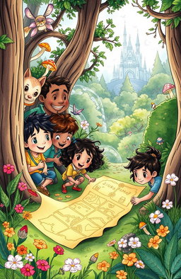 An enchanting illustration for a children's adventure book featuring a group of diverse kids on an exciting adventure in a magical forest