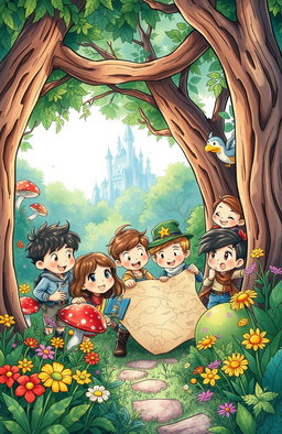 An enchanting illustration for a children's adventure book featuring a group of diverse kids on an exciting adventure in a magical forest