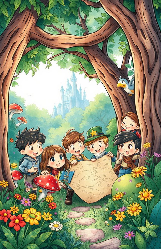 An enchanting illustration for a children's adventure book featuring a group of diverse kids on an exciting adventure in a magical forest