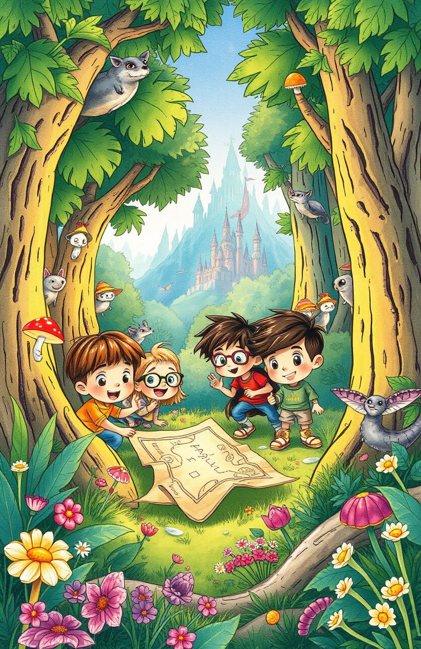 An enchanting illustration for a children's adventure book featuring a group of diverse kids on an exciting adventure in a magical forest