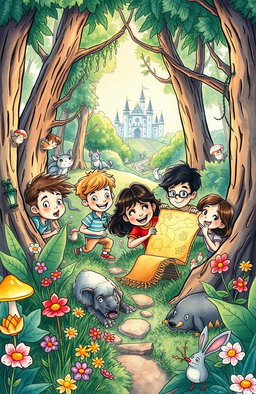 An enchanting illustration for a children's adventure book featuring a group of diverse kids on an exciting adventure in a magical forest