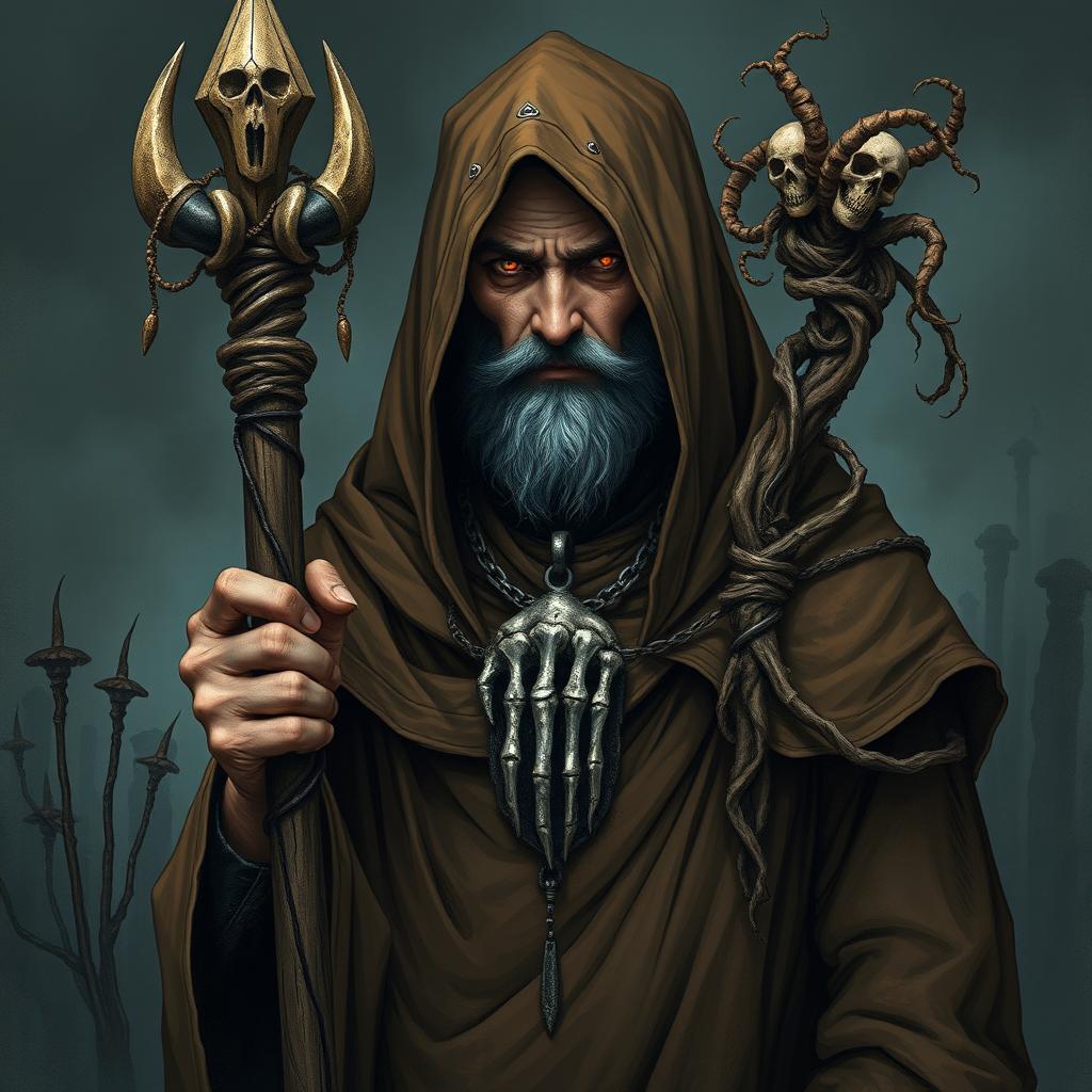 A brown-robed priest of the god of sickness and rot, Moander, depicted in a hauntingly captivating Dungeons and Dragons style illustration