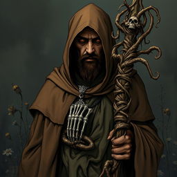 A brown-robed priest of the god of sickness and rot, Moander, depicted in a hauntingly captivating Dungeons and Dragons style illustration