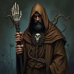 A brown-robed priest of the god of sickness and rot, Moander, depicted in a hauntingly captivating Dungeons and Dragons style illustration