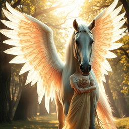 A beautiful, magical scene depicting a majestic horse and a human figure both bringing the image to life