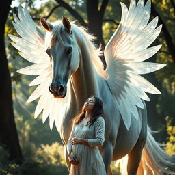A beautiful, magical scene depicting a majestic horse and a human figure both bringing the image to life