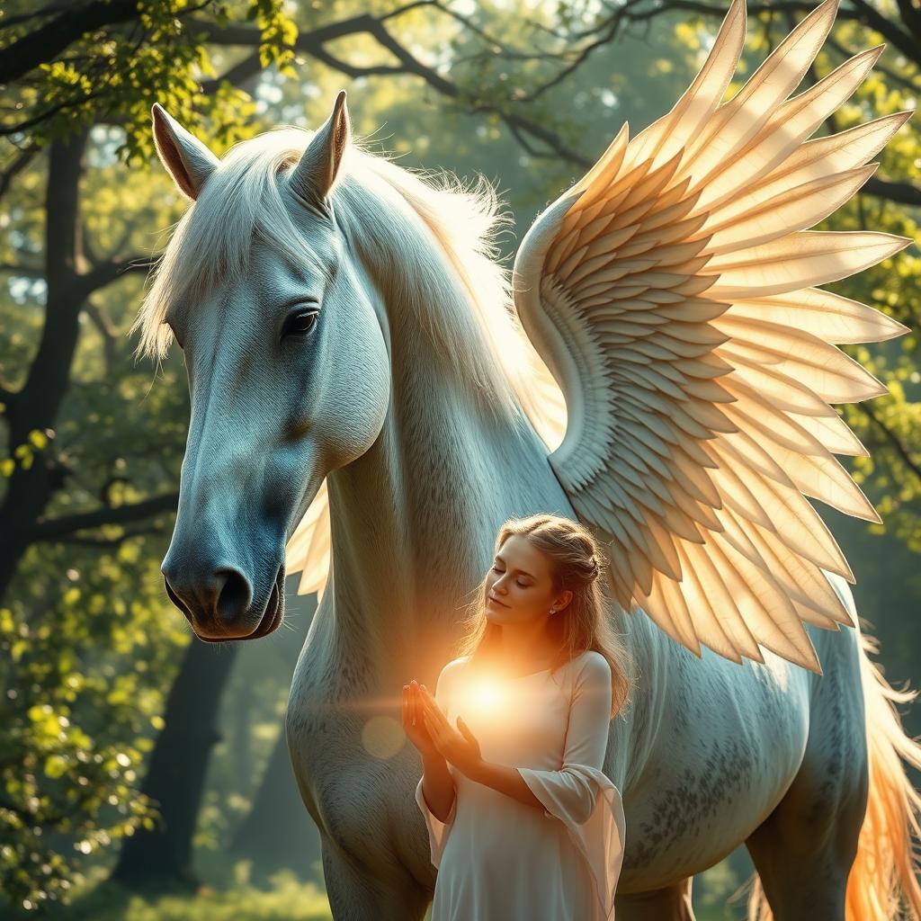A beautiful, magical scene depicting a majestic horse and a human figure both bringing the image to life