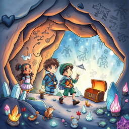 A captivating illustration for a children's adventure book depicting a group of four kids of diverse backgrounds exploring a mysterious cave filled with sparkling crystals and curious creatures