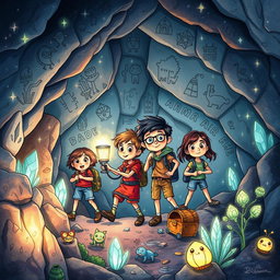 A captivating illustration for a children's adventure book depicting a group of four kids of diverse backgrounds exploring a mysterious cave filled with sparkling crystals and curious creatures