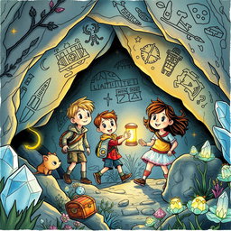 A captivating illustration for a children's adventure book depicting a group of four kids of diverse backgrounds exploring a mysterious cave filled with sparkling crystals and curious creatures