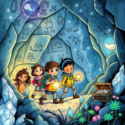A captivating illustration for a children's adventure book depicting a group of four kids of diverse backgrounds exploring a mysterious cave filled with sparkling crystals and curious creatures