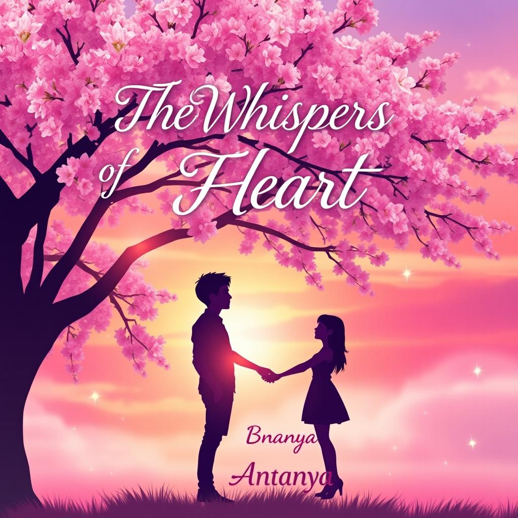 A vibrant and enchanting book cover for a teenage love story titled 'The Whispers of Heart' by Ananya