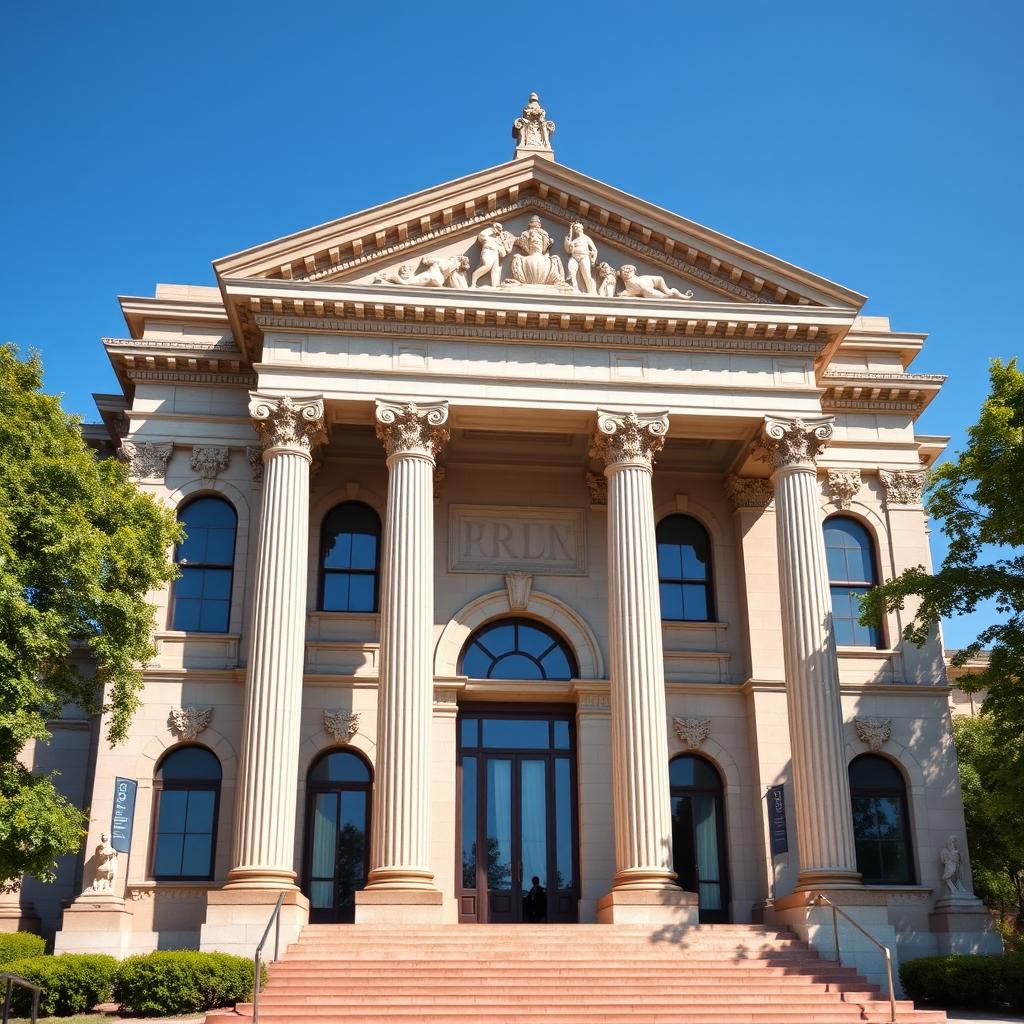 A stunning neoclassical building featuring grand columns, intricate stonework, and a symmetrical facade