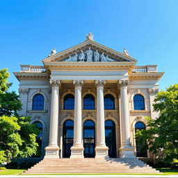 A stunning neoclassical building featuring grand columns, intricate stonework, and a symmetrical facade