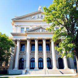 A stunning neoclassical building featuring grand columns, intricate stonework, and a symmetrical facade