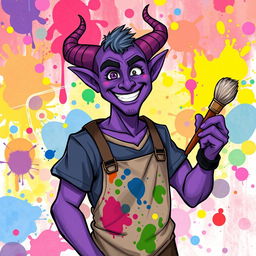 A cheerful male tiefling with vibrant purple skin and prominent horns, depicted in a vibrant Dungeons and Dragons style illustration